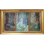 20th Century oil on canvas depicting a girl in three seasons 12.75in x 25in ; together with four