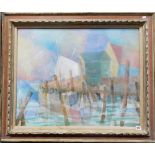 L. HIRSCH (20TH CENTURY) Abstract harbour scene with figures Oil on canvas Signed 23in x 29.5in