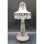 Good early 20th Century frosted glass and enamel painted table lamp base and shade, decorated with