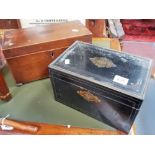 Victorian ebonised brass inlaid rectangular work box with single lift out small tray, width 10in (