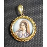 Indian high purity gold ivory miniature pendant, painted with a portrait of a lady, weight 4.3g