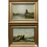 Pair of 19th Century oil on canvas river landscapes with buildings, both 8 in x 12 in