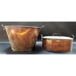 Copper oval lidded fish kettle together with a copper twin handled coal bucket (2).
