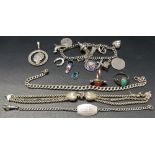 Silver jewellery including two stone set dress rings, a silver ID bracelet, charm bracelet etc.