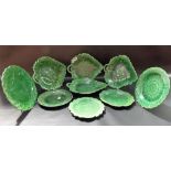 Collection of Victorian green leaf pottery dishes.