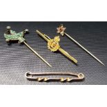 9ct gold bar brooch; together with a yellow metal navy sweetheart bar brooch and two yellow metal