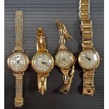 Four 9ct gold cased vintage ladies' wristwatches on gold plated straps.