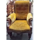 Victorian mahogany framed and upholstered gentleman's library chair with button back upholstered