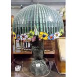 20th Century bronze table lamp base in the form of an owl with a leaded glass shade, height