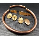 Scrap 9ct gold including a pair of cuff links (1 af), a bangle and a brooch, weight 11.4g approx.