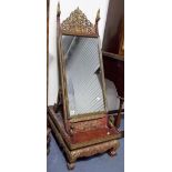 19th Century Burmese red and gilt painted and carved floor standing rectangular mirror, the top with