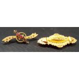 Victorian 9ct gold filigree bar brooch; together with a 9ct gold filigree brooch set with two pink