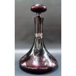 Ruby overlay cut glass ships decanter and stopper.