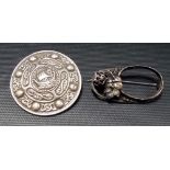 Silver circular Celtic brooch cast with knots and a Viking ship (pin af), Chester 1947; together