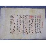 Medieval English illuminated parchment hymnal, unframed, 22.5in x 15.75in.