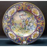 Good 19th Century Italian majolica charger in Castelli style, decorated in polychrome lustre glaze