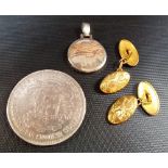 Silver foreign coin together with a silver mounted agate slice pendant and a pair of gold plated