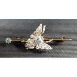 Gold aquamarine and diamond set moth bar brooch with two circular cut aquamarines & twenty-one