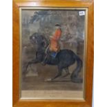 18th Century German hand coloured engraving 'Die Parade Im Schriff...' Within birdseye maple frame