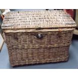 Early 20th Century large rectangular wicker basket with brass lock and carrying handles, width