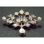 Art Nouveau silver white stone set brooch with pear shape drop, weight 4.9g approx.