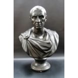 Black painted plaster bust of a classical Roman gentleman after the antique, height 24in.