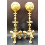 Pair of 19th Century brass andiron ends with large ball finial over a turned baluster support and