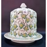 Victorian relief moulded pottery cylindrical stilton dish and cover, relief decorated and painted