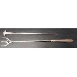 Victorian silver handled toasting fork together with a silver plated skewer with fleur-de-lys finial