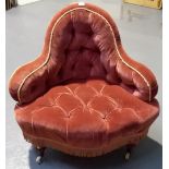 Victorian button-back upholstered tub bedroom chair with turned forelegs and ceramic castors