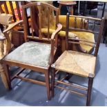 19th Century elm carver chair with vase splat and drop-in upholstered seat; together with an elm