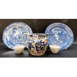 19th Century transfer printed pottery jug together with a pair of 18th Century tea bowls and two