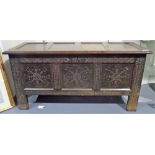 Late 17th Century oak seven panel coffer, the front carved with three panels and carved with