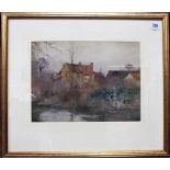 REGINALD JONES 'Cottages by a River' Watercolour Signed 10in x 14in