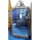 19th Century gilt framed rectangular shaped mirror with basket of flowers surmount