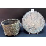 20th Century Chinese bronze twin handled cylindrical ding, the sides cast with a coiling dragon