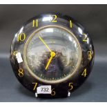 Smiths eight day wall clock with black enamel on metal case with yellow painted Arabic numerals,