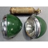 Pair of vintage green painted metal car headlamps together with a copper DESMO fire extinguisher (