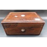 Victorian rosewood work box, metal strung and with mother of pearl inlay, lacks interior, width