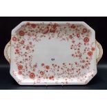 Royal Crown Derby 'Haddon' pattern puce transfer printed rectangular tray with gilt decorated