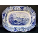 19th Century blue and white transfer printed oblong platter, printed with the pattern 'View near
