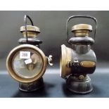 Pair of Powell & Hammer carriage lamps with brass fittings and label, height 10.75in.