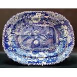 Victorian blue and white transfer printed meat platter, decorated with fruit and branches, the rim