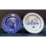 19th Century blue and white transfer printed chinoiserie decorated dish together with a Liverpool