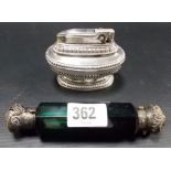 Green glass white metal mounted double end scent bottle; together with a silver plated Ronson 'Queen