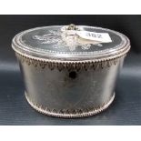 George III Old Sheffield plate oval tea caddy with front engraved ribbon shield cartouche,