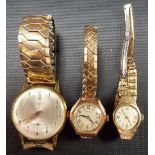 Two 9ct gold cased manual wind ladies' wristwatches; together with a gentleman's manual wind gold