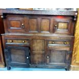 18th Century oak court cupboard, the overhung cornice decorated with carved lunettes and the date