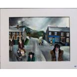 GILL WATKISS A.R.R. Figures in a Cornish street Oil on canvas Signed and dated '95 19.5in x 21.5in