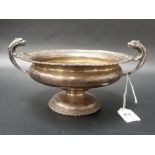 George V silver pedestal bowl with twin flying scroll handles with lion head finials with egg and